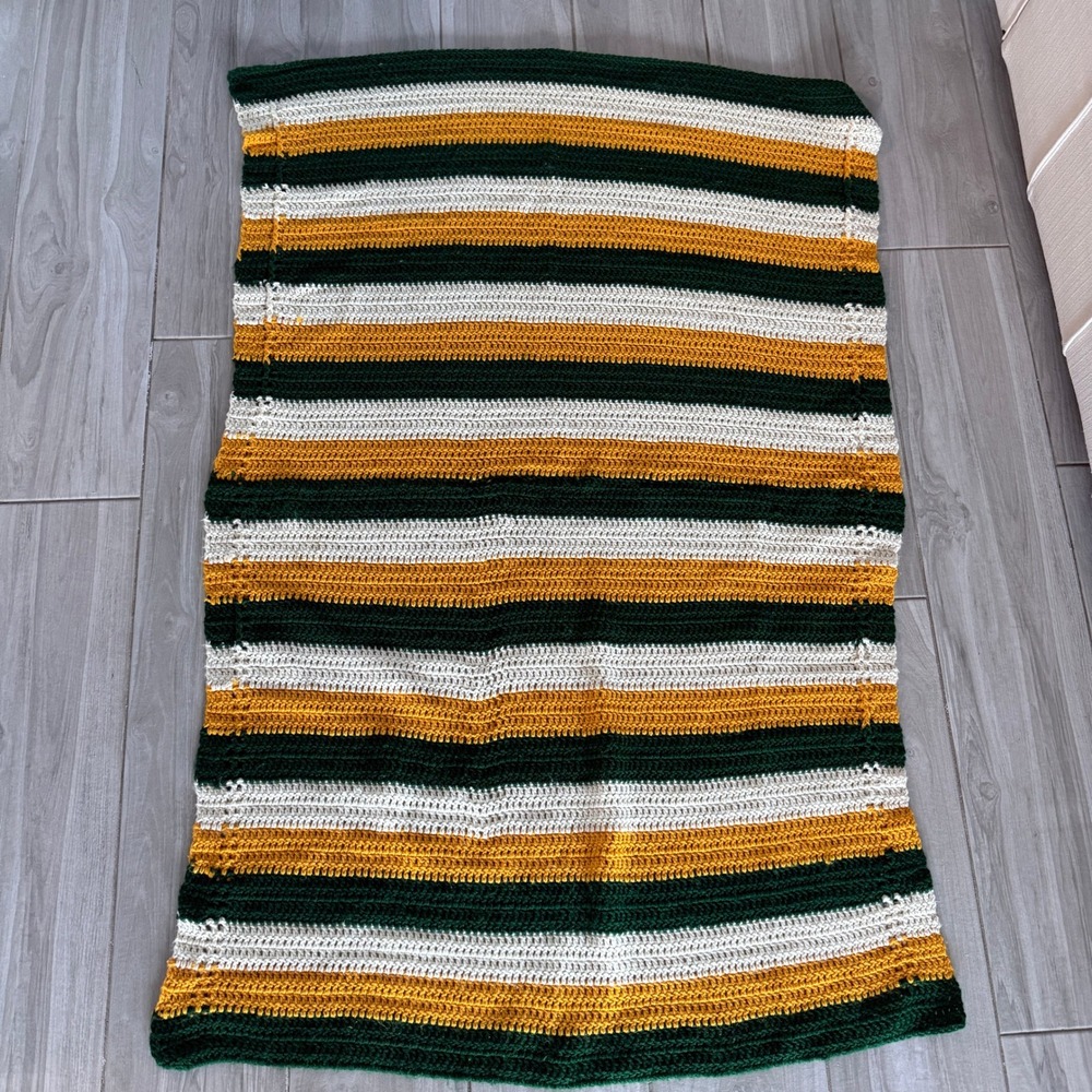 Handmade Crochet Blanket Throw Unisex 64x40 Green Yellow White Striped Packers